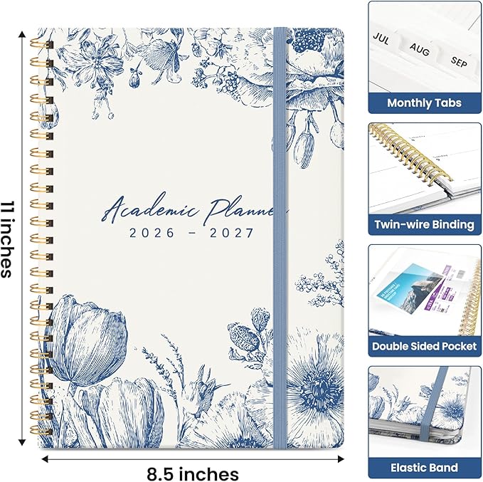 Planner 2026-2027, Academic Year Monthly and Weekly Calendar Planner, Jul 2026 - Jun 2027, Hardcover Teacher Student Planning Agenda book with Tabs, Perfect for School Office Supplies, 8.5" x 11" - Blue Elegance