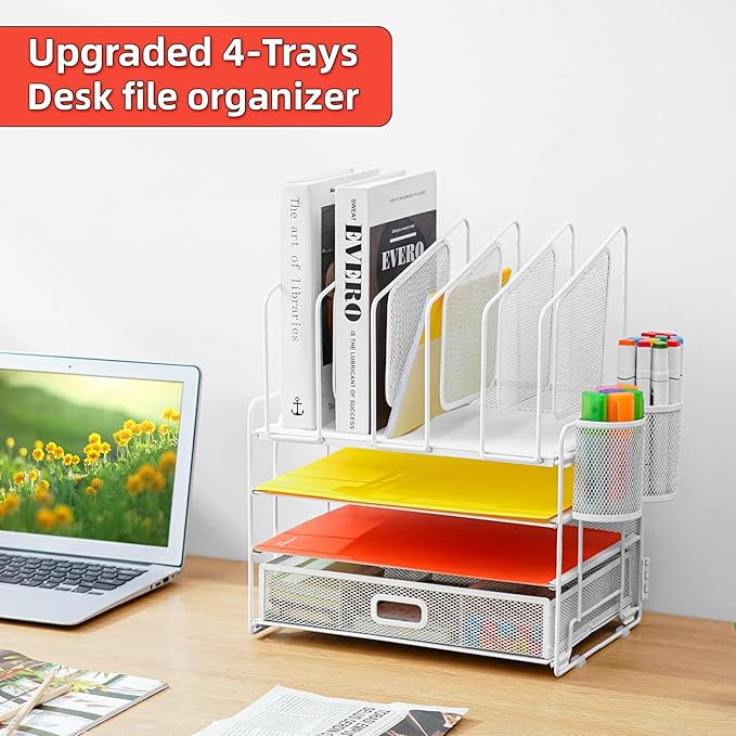 Marbrasse Desk Organizers, 4-Tier Mesh Desk File Organizer with 5 Vertical File Holders and 2 Pen Holders, Multifunction Desktop Organizer, Desk Organizers and Accessories for Home Office (White)