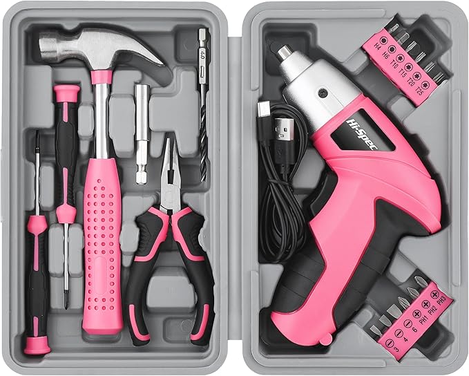 Hi-Spec Cordless Electric Screwdriver, Power Screw Driver Set with Pink Compact Tool Kit for Small Repair and Maintenance- Ideal Housewarming Gift,19 Piece