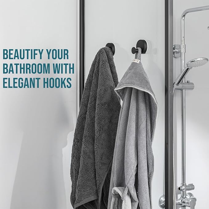 TAILI 304 Stainless Steel Bathroom Suction Hooks for Towel, Bathrobe, Loofah, Patented Strong Suction Cup Holder, No Damage Hanging Glass Shower Wall Hook, Classic Round, 2 Pack, Black