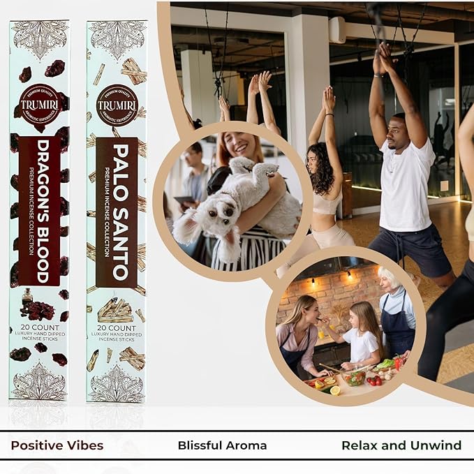 Trumiri Incense Sticks - Combo Pack of 40 Insence-Sticks - 20 Dragons Blood + 20 Palo Santo - Insenses - Insents - Incents - Inscense - Incence - Incienso - All Natural Incense Sticks