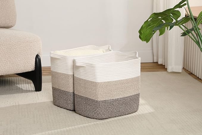 laughbird Storage Baskets for Clothes Fabric Cotton Rope Storage Basket with Handles, Decorative Woven Basket for Living Room, Closet Organizer Blankets, and 2 bags (Gradient Brown, L14×W11×H14)