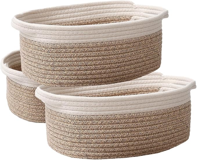 Woven Basket, Small Rope Storage Bin with Handles & Ribbon Bag, Organizer for Shelves Closets, Empty Gift Basket for Birthday, Books, Dog Toys, White & Oatmeal/3 Pack