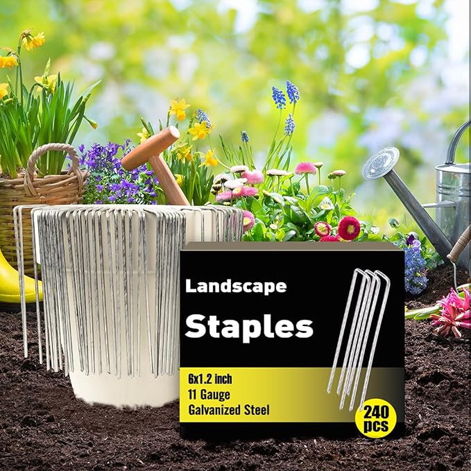 HongWay 240 Pack 6 Inch Landscape Staples, Garden Stakes, Galvanized Heavy Duty 11 Gauge Tent Stakes, SOD Landscaping Fabric Pins, Yard Ground Lawn Staples for Plant Covers, Turf, Fences, Grass Decoration