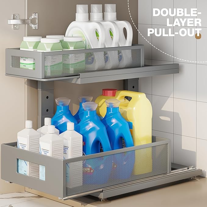 Corbyles 2 Pack 15.74IN-Depth Under Sink Organizer With Next-Gen Ball-Bearing Slides, 2-Tier Pull Out Cabinet Storage, Height Adjustable Drawer Shelf for Bathroom, Kitchen, Laundry, Cabinet, Pantry - Gun Gray