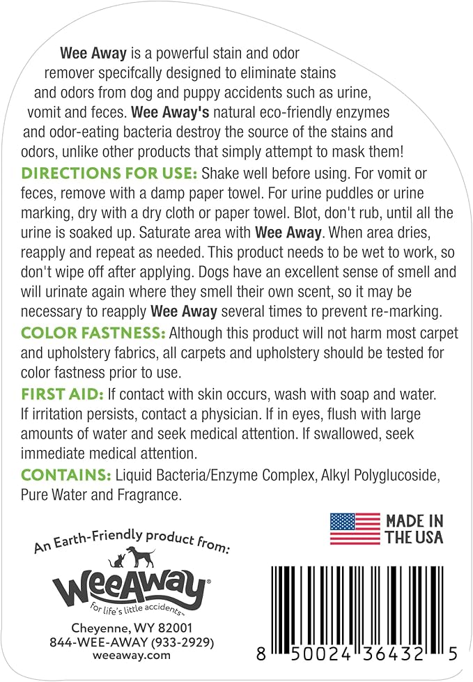 Wee Away® X2 Dog Urine Stain & Odor Remover - Double Strength Enzyme Spot Cleaner for Dog Pee, Marking & Odor Removal, Carpet, Furniture & Bedding, Non-Toxic, 16 oz