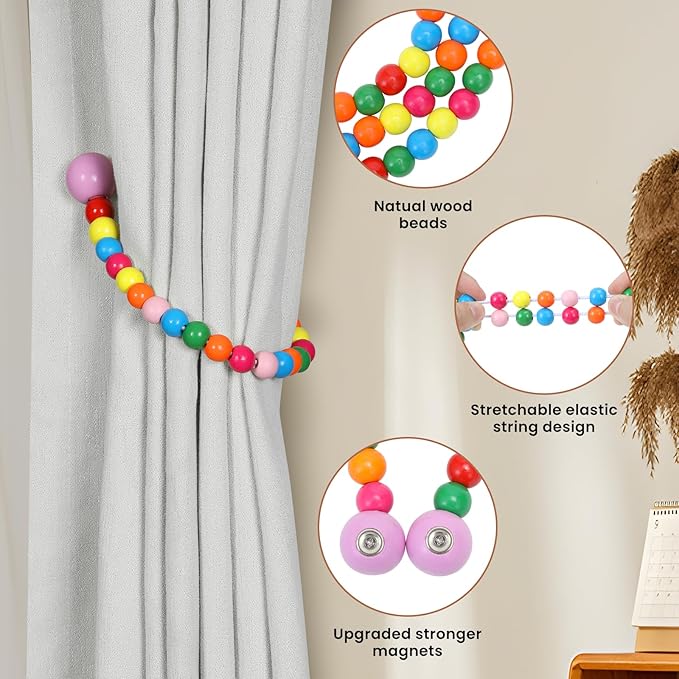 KLOGTSIND Magnetic Curtain Tiebacks, Curtain Tie Backs for Curtains 6 Pack, Wood Bead Curtain Tiebacks, Curtain Holders for Boho Bedroom Decor, Baby Nursery Decor, Farmhouse Décor