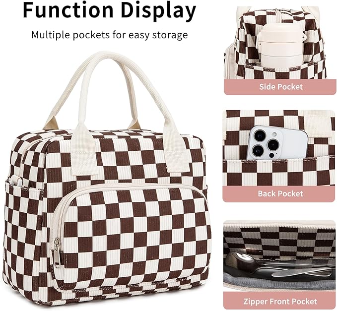 Lunch Bag Women Lunch Box for Women Adult Cute Insulated Lunch Bag Lager Cooler Lunch Tote Bags for Work Picnic (Coffee-White Plaid)
