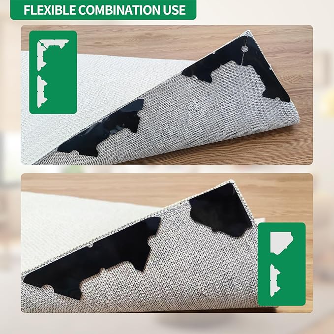 FLUOTINE 48 PCS Carpet Tape, Non-Slip Carpet Pads for Area Rugs on Hardwood Floors, Laminate, Tile, LVP Floors, Reusable and Removable Rug Corner Pads with No Residue