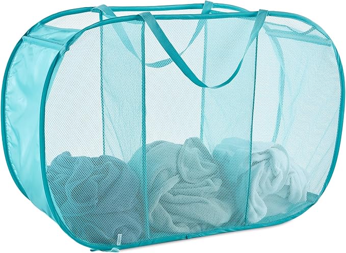Mesh Popup Laundry Hamper 3 Compartment Sortable Horizontal Collapsible Laundry Basket for Clothes Laundry Room Bedroom Toys Travel (Turquoise Blue)