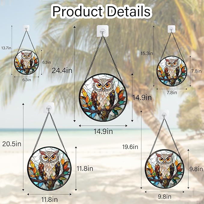 Stained Glass Window Hanging, Owl Colorful Leaves Birds Sun Catchers Diamond Glass Panel Hangings Suncatcher Decor for Birthday for Women, Men, Wife, Aunt, and Mom 14.9x14.9 in