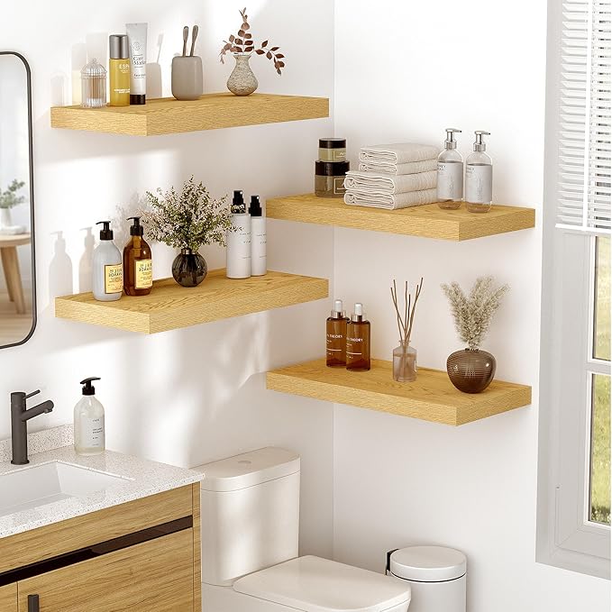 Vivelove 10" Deep Floating Shelves Over Toilet, 24" Wall Shelves for Bathroom Bedroom Kitchen Living Room Laundry Room, Modern Rustic Shelves for Home Decor, 24"x10.2"x1.5", Set of 2, Oak