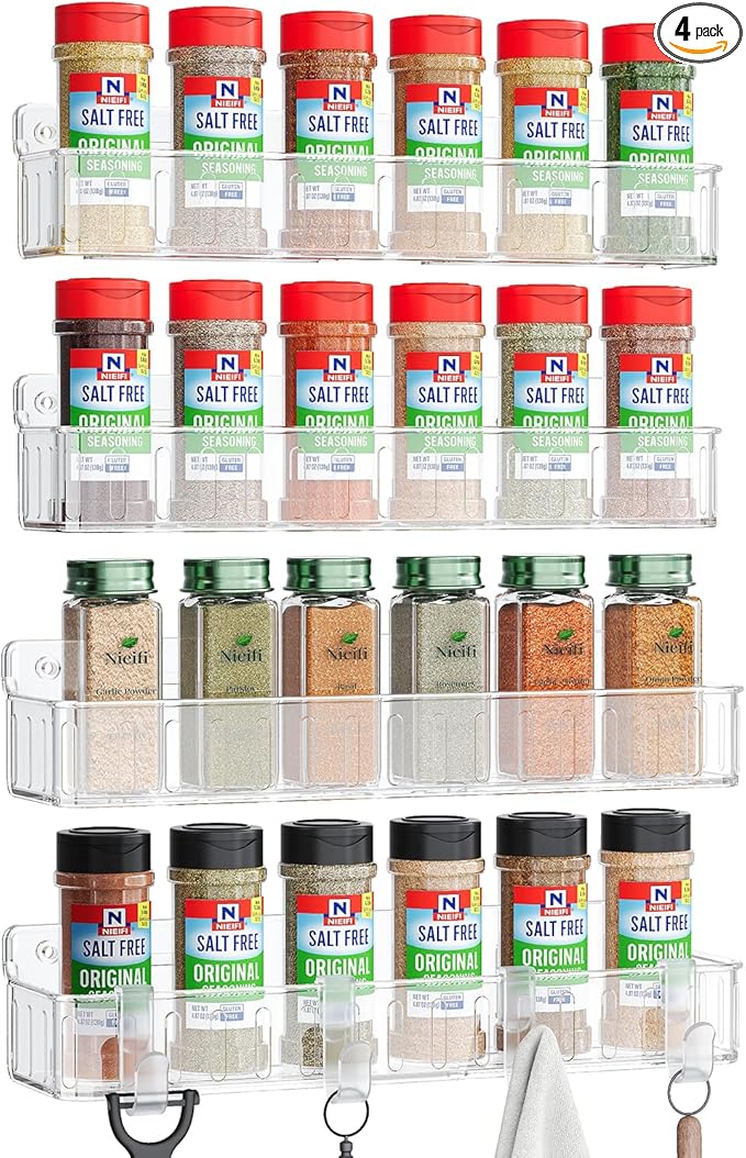 Nieifi Spice Rack Wall Mount, 4 Pack, Clear, Screw or Adhesive Installation, Spice Rack Organizer for Your Kitchen Cabinet or Pantry Door