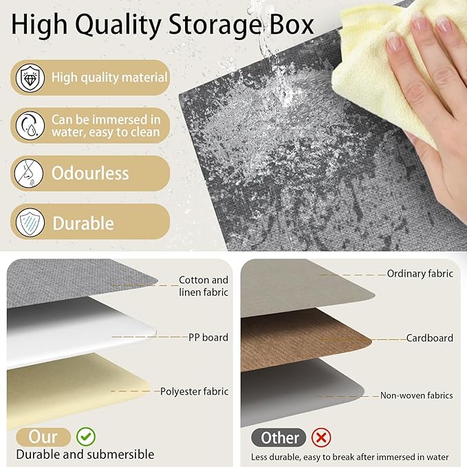 Yawinhe Collapsible Storage Bin, Cube Organizer Basket, Fabric Box with Lids, Washable and Leather Handle, for Home, Closet, White/Grey, 13.0''Lx9.0''Wx7.9''H, 7-Pack, SNK024WGS-7