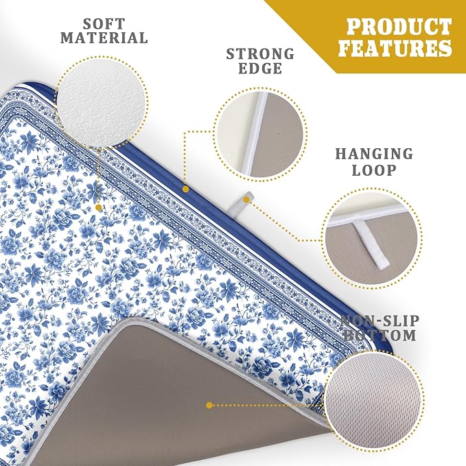 Blue Floral Branches Dish Drying Mat for Kitchen Counter Chinoiserie Pattern Dish Drying Pad 18x24 In Absorbent Vintage Flowers Decor Dishes Drainer Pad Dish Dry Rack Mat for Counter Coffee Bar
