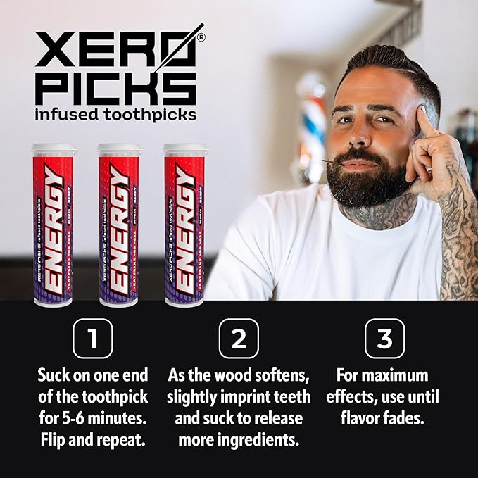 Xero Picks Energy Caffeine Flavored Toothpicks B12 for Focus & B6, 60 Picks (Pack of 3) (Berry) Sugar-Free Alternative to Energy Mints & Gum - Kosher