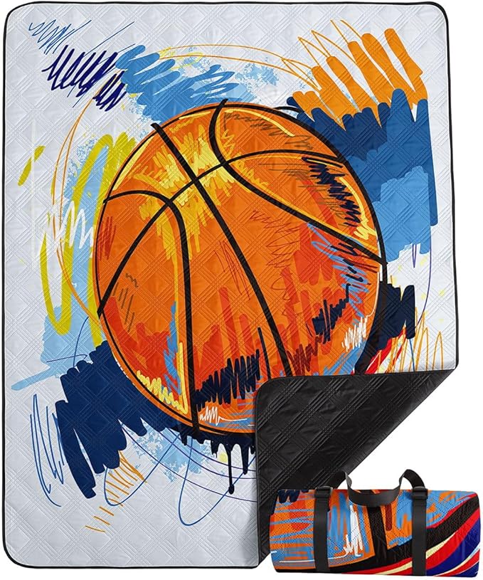 Outdoor Picnic Blanket,Portable Sandproof Waterproof Picnic Mat,Painted Basketball Printed Camping Beach Mat for Sand and Wet Grass Hiking (Painted Basketball S)