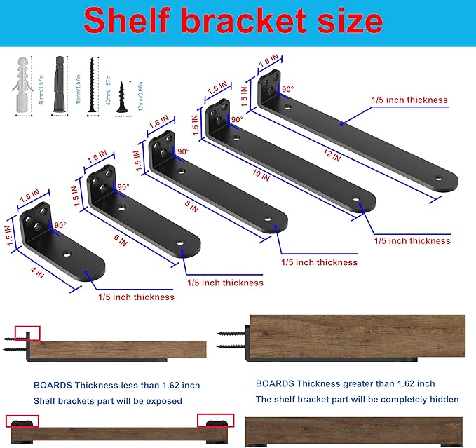 Floating Shelf Bracket, 10 Inch 8PACK Black Heavy Duty Shelf Bracket,Hidden Shelf Brackets 1/5 in Thick,L Brackets Support for Shelves,Suitable for Kitchen, Study Or DIY,Holds Over 160lb+
