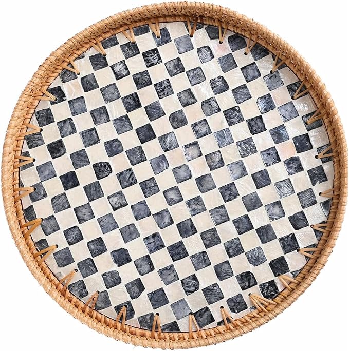 12" Large Rattan Serving Tray with Mother of Pearl, Decorative Coffee Table Trays for Home Decor, Large Wicker Woven Serving Tray Decor for Kitchen Counter,Living Room and Ottoman, Black1