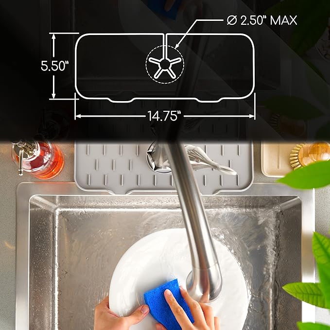 Ternal Silicone Faucet Handle Drip Catcher Tray Mat, Silicone Faucet Mat Dish Soap Sponge Holder for Kitchen Sink Accessories Gadgets, Drying Mat for Kitchen Counter Bathroom Kitchen Sink [Grey]