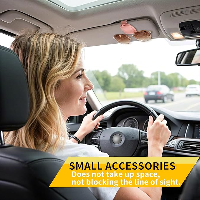 Yuoyar Sunglass Holder for Car, Magnetic Leather Sunglasses Holder and Ticket Card Clip, Car Visor Accessories, 2 Packs (Pink)