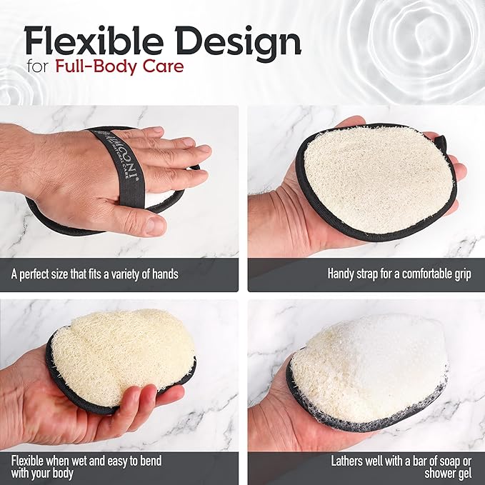 Sturdy Natural Loofah for Men, The Ultimate Men's Loofah Body Scrubber Made with Natural Egyptian Shower luffa Sponge, Bath Shower Sponge lufas for Men - 2 Count (1 Pack) - Black