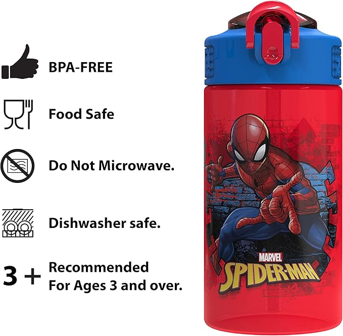 Zak Designs Marvel SpiderMan Kids Spout Cover and Built-in Carrying Loop Made of Plastic, Leak-Proof Water Bottle Design (16 oz, BPA-Free)