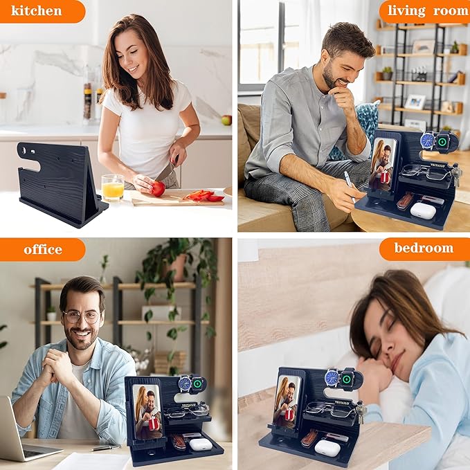 Gifts for Dad Men Mom Women from Daughter Son Birthday Gifts Nightstand Organizer Mens Wood Phone Docking Station (Black)