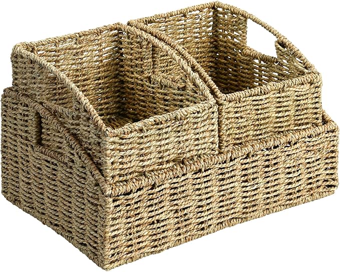 Ollieroo Natural Seagrass Storage Baskets, Handwoven Wicker Storage Bins with Built-in Handles, Storage Container Baskets for Shelves, Bedroom, Bathroom, Laundry Room or Kitchen (Green)
