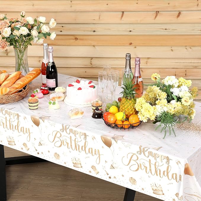 Tudomro 3 Pcs Happy Birthday Tablecloths Happy Birthday Party Decorations Plastic Table Cover Rectangular Cloths for Women Men Baby Shower Party Supplies, 108 x 54 Inch (Champagne)