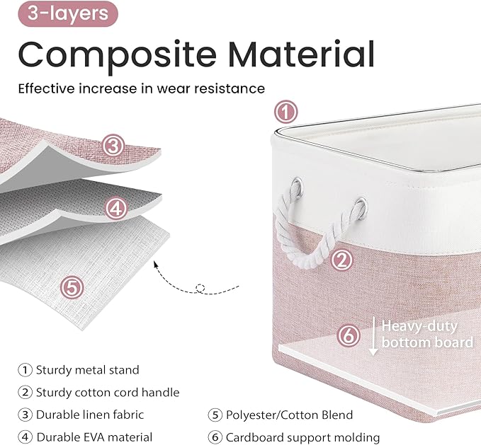 VQRTEXA Large Storage Baskets- 15x11x10 inch Storage Bins for Shelves and Closet Organizing, Foldable Fabric Bin for Home Organization Clothes and Laundry (6-Pack, White&Pink)