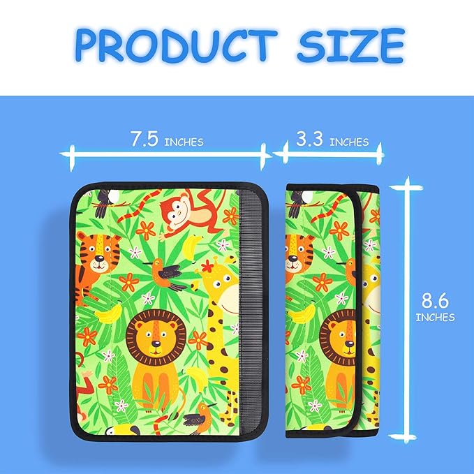 YR Seat Belt Cover for Kids, Soft Comfort Seat Belt Cushion for Children, Cute Cartoon Pattern Car Seat Belt Pads Cover for Girls and Boys, 1 Pack, Jungle
