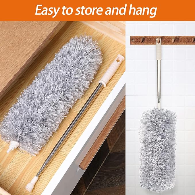 Dusters for Cleaning High Ceiling Fans, Newliton Microfiber Feather Duster with 30'' to 100'' Telescoping Extension Pole, Long Extendable Duster for Home, Car, Furniture, Cobweb, Gray