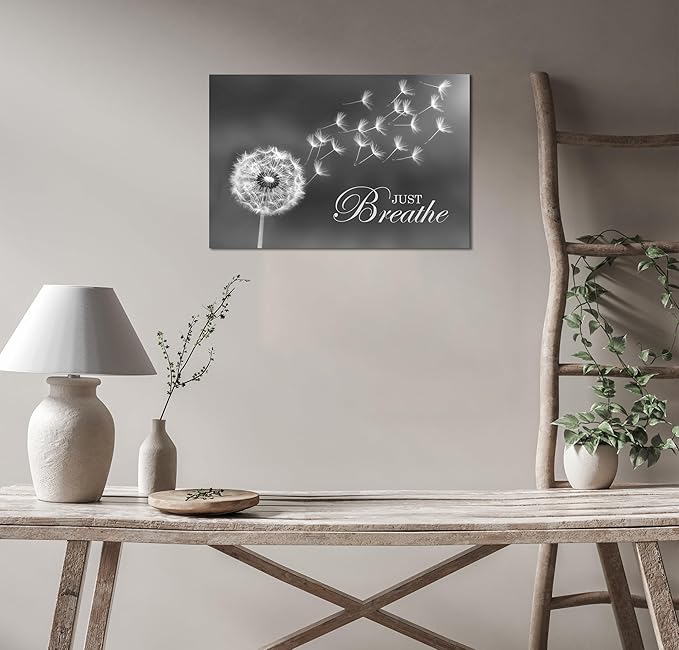 SKASNFAI Black and White Dandelion Zen Wall Art Canvas Just Breathe Motivation Positive Picture Art Print for Spa Yoga Meditation Wall Decor Ready to Hang (24L x 36W)
