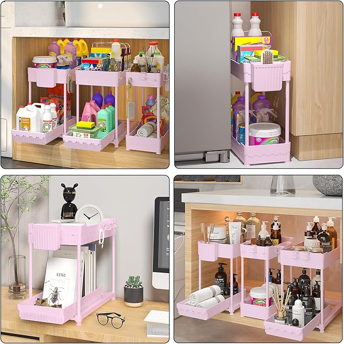 3 Pack Under Sink Organizers, 2-Tier Multi-Use Kitchen and Bathroom Organizers and Storage with Sliding Drawers, Bathroom Cabinet Organizer (Pink, 14.8 Inch)
