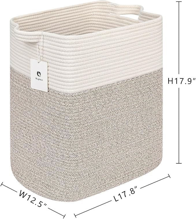 Laughbird Tall Storage Baskets for Clothes Fabric Cotton Rope Storage Basket bin with Handles, Decorative Woven Basket for Living Room,Closet Organizer Blankets, and 2bags Brown 17.8×W12.5×H17.9)