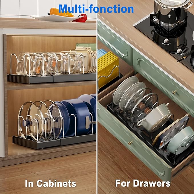 Pots and Pans Organizer Under Cabinet, 22" Expandable Food Storage Container Lid Organizers with 9 Adjustable Dividers Pot and Pan Lid Holders Rack Inside Cabinet/Countertop (1 Pack, Black)