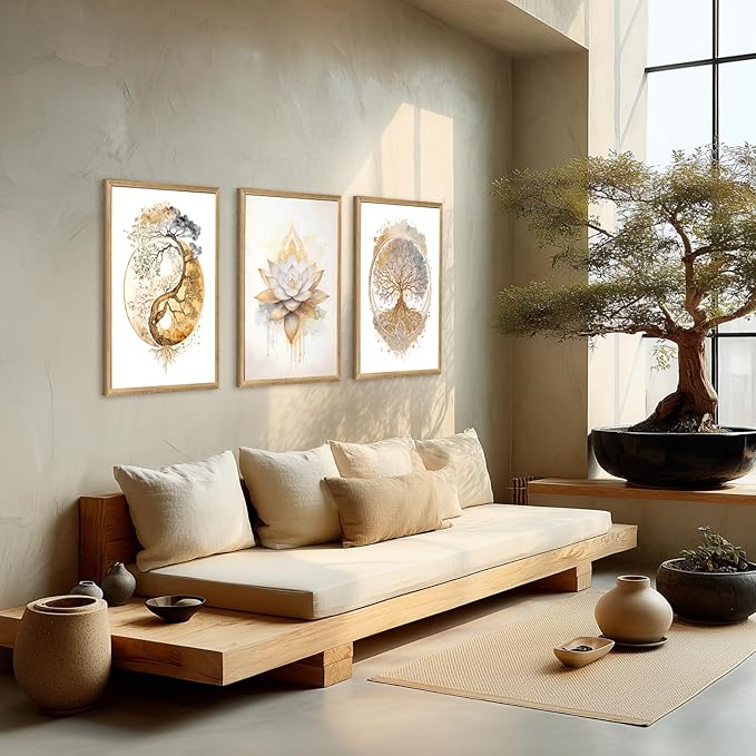 GELDSTEI Tree of Life Wall Art, Calming Zen Wall Decor, Abstract Yin Yang Tree Canvas Painting, Modern Gold Lotus Flower Meditation Poster Print for Living Room Yoga Room Bedroom Wood Framed 16"x24"x3