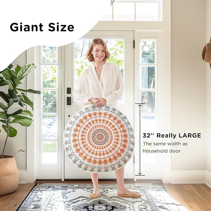 Codi Meditation Floor Pillow, Round Large Pillows Seating for Adults, Bohemian Mandala Circle Cushion for Outdoor Fireplace Yoga Living Room, 32 Inch, Memory Foam Added, Coral