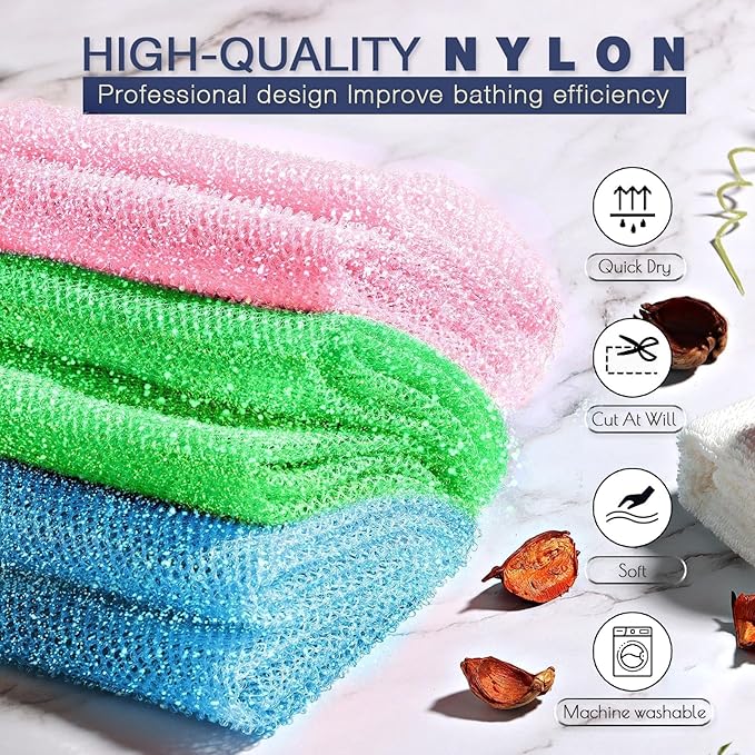 UJFQBH 3 Piece Bright Style African exfoliating net Exfoliating Shower Set Long Bath Sponges for Smooth, Refreshed Skin, The Exterior Gleams - Ideal for Daily Use (Bright Pink, Blue, Green)