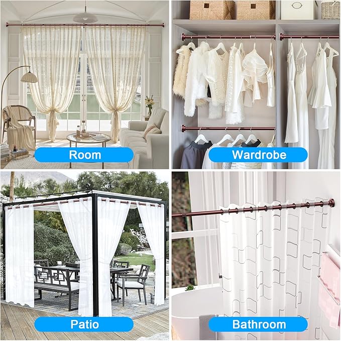 TEECK Shower Curtain Rod, 27-76 inch Adjustable Spring Tension Curtain Rod, Never Rust Anti-Slip Shower Curtain Rod for Bathroom, No Drilling, Never Collapse, Easy to Use, Brown