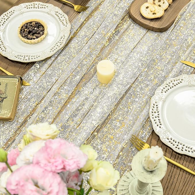 Horaldaily Beige Gold Gauze Tablecloth 60x60 Inch Square, Golden Sequin Glitter Metallic Foil, Sheer Tulle Cheesecloth for Wedding Baby Shower Ceremony Birthday