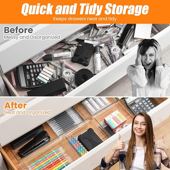 12 Pack Clear Plastic Drawer Organizer Set, Acrylic Non-Slip Non-Cracking Kitchen Drawer Storage Tray Large Size Divider, Multifunctional Storage for Cosmetics, Bathroom, Tools, Kitchen, and Office
