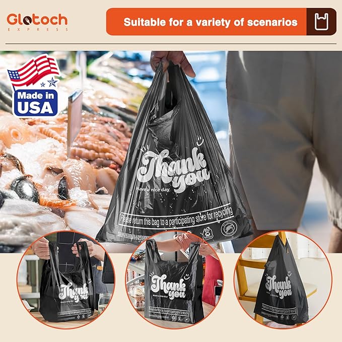Glotoch 1000 Count Plastic Thank You T-shirt Bags Black, 11.5" x 6.5" x 21" Grocery Bags with Handles for Restaurant, Retail, Grocery Store, Takeout, Convenience Stores, Shopping Bag in Bulk