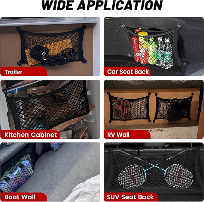 RED WOLF 2 Pcs Universal Elastic Mesh Netting Car Pouch for Trunk RV Boats Home Cargo Storage with Screws and Hooks (23.6'' x 9.8'')