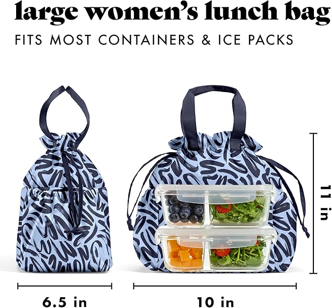 Fit & Fresh Cromwell Drawstring Lunch Bag for Women, Complete Lunch Set with 4 Containers, Stain-Resistant, Leak-Resistant, Back to School Essential, Teacher Lunchbox, Navy Brush Strokes