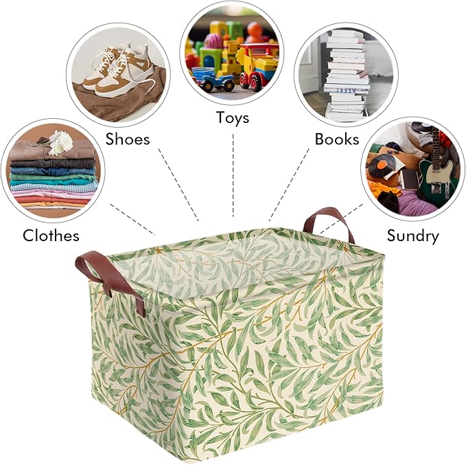 Green Plant Storage Basket Waterproof Canvas Toy Storage Bin Green Floral Room Decor Collapsible Outdoor Basket with Leather Handles Greenery Decor Blanket Baskets For Closets,Bedrooms,Gifts Baskets