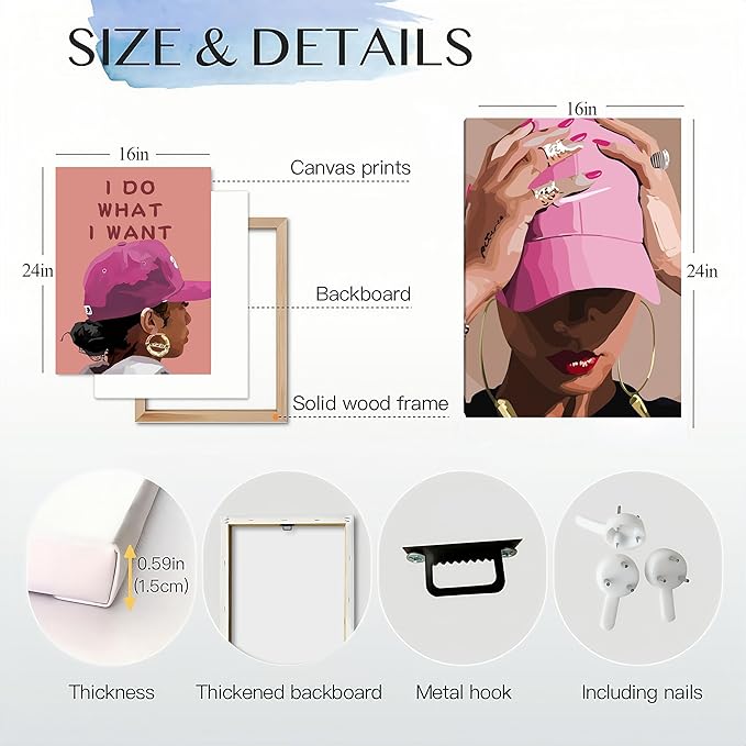 Black Girl Canvas Wall Art pink trend American Black Woman Posters Prints Wall Decor Pictures for Home Living Room Bedroom study Decoration,Framed16 x 24inches X3piece