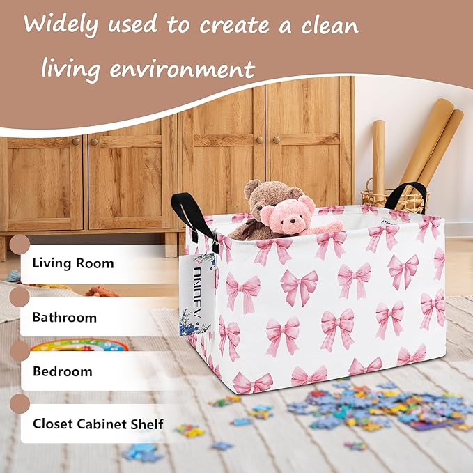 Rectangular Kids Laundry Basket Girls' Waterproof Storage Bins Pink Gift Basket Suitable For Home Decoration Office and Toy Storage(Pink Knot)