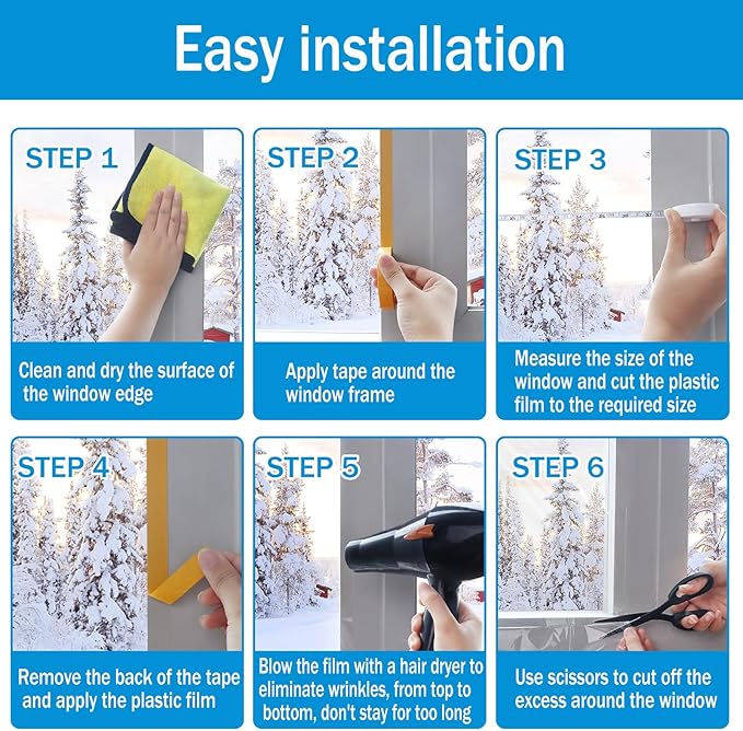Window Insulation Kit, 63 × 394 Inch Plastic Window Covering for Winter, Window Insulation Film Window Wrap Insulation Windows Winterizing Kit with Double-Sided Tape for 10 Pcs 3 x 5 Ft Windows